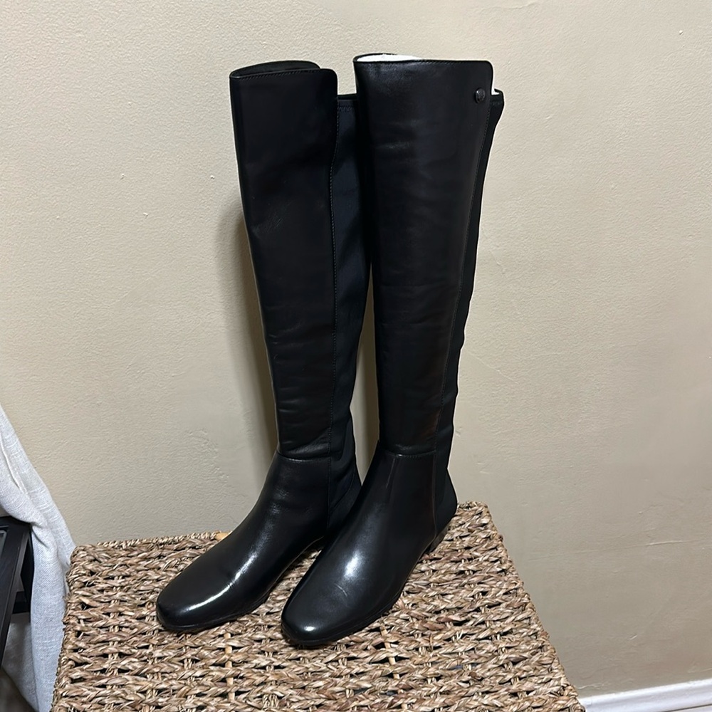 New black leather and neoprene knee high boots
